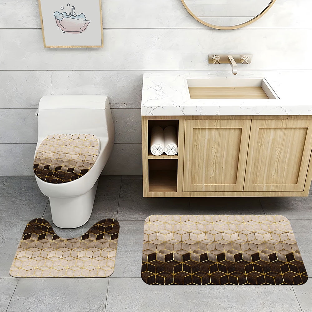 4 Pcs Art Gold Geometric Luxury Shower Curtain Set with Rug Toilet Cover and Bath Mat for Bathroom