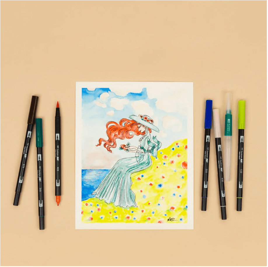 Tombow Dual Brush Pens Set - Manga Collection - 12 Colors - Moon, Wind - Includes Limited Edition Coloring Sheets and Water Brush - Art Marker