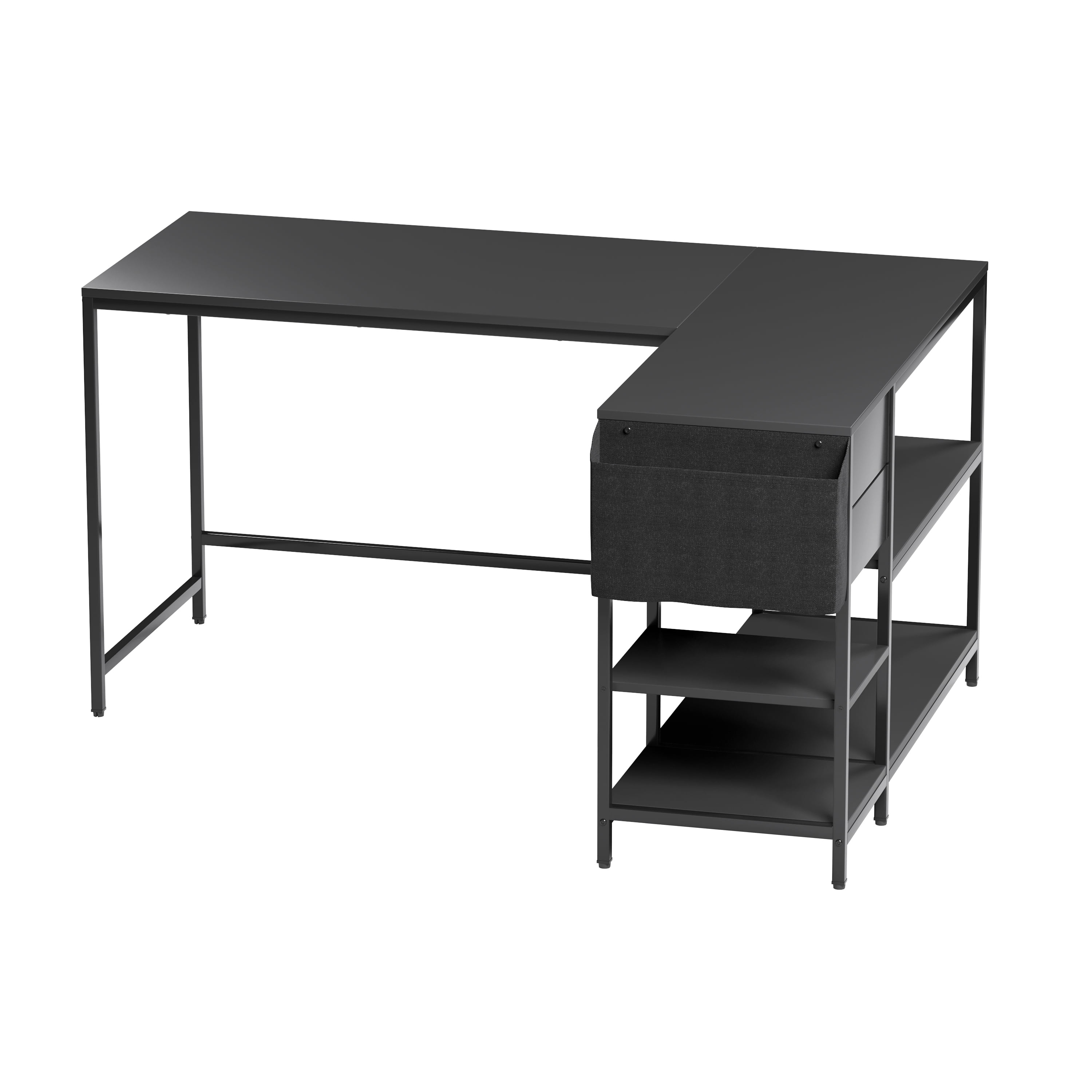Modern L-Shaped Desk with Storage, Corner Computer Desk for Home & Office with, 2 Drawers, Open Storage Shelves, Fabric Organizer & Sturdy Metal Frame, Black