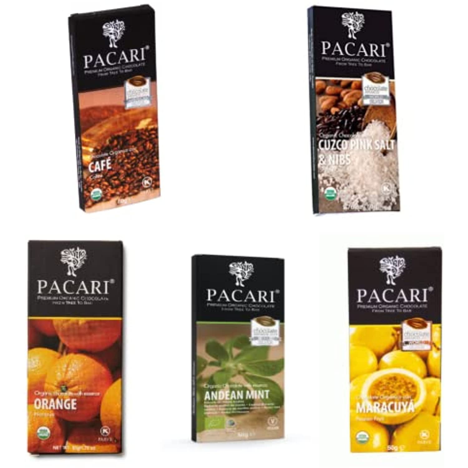 Pacari Chocolate Passion Fruit, Orange, Salt And Nibs, Andean Mint, Coffee