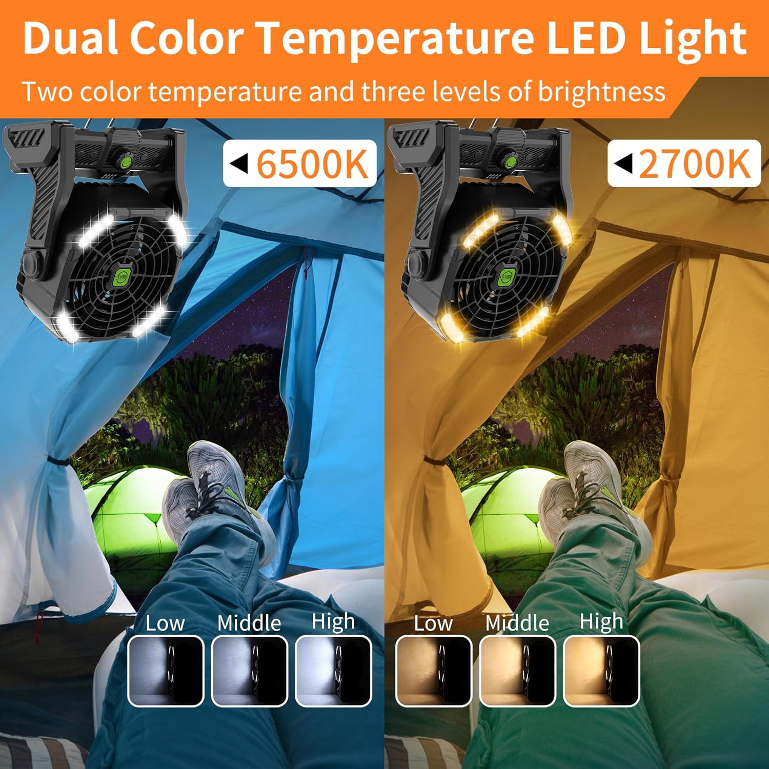 vhibuon 20000mAh Portable Camping Fan Rechargeable Portable fans for Travel Battery Powered Fan with LED Lantern 270° Rotation USB Desk Battery Rechargeable Tent for camping essentials w