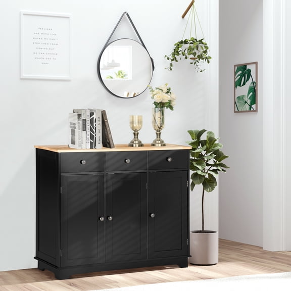 HOMCOM Kitchen Storage Cabinet, Sideboard Floor Cupboard with Solid Wood Top, Adjustable Shelf, and 3 Drawers for Living Room, Black