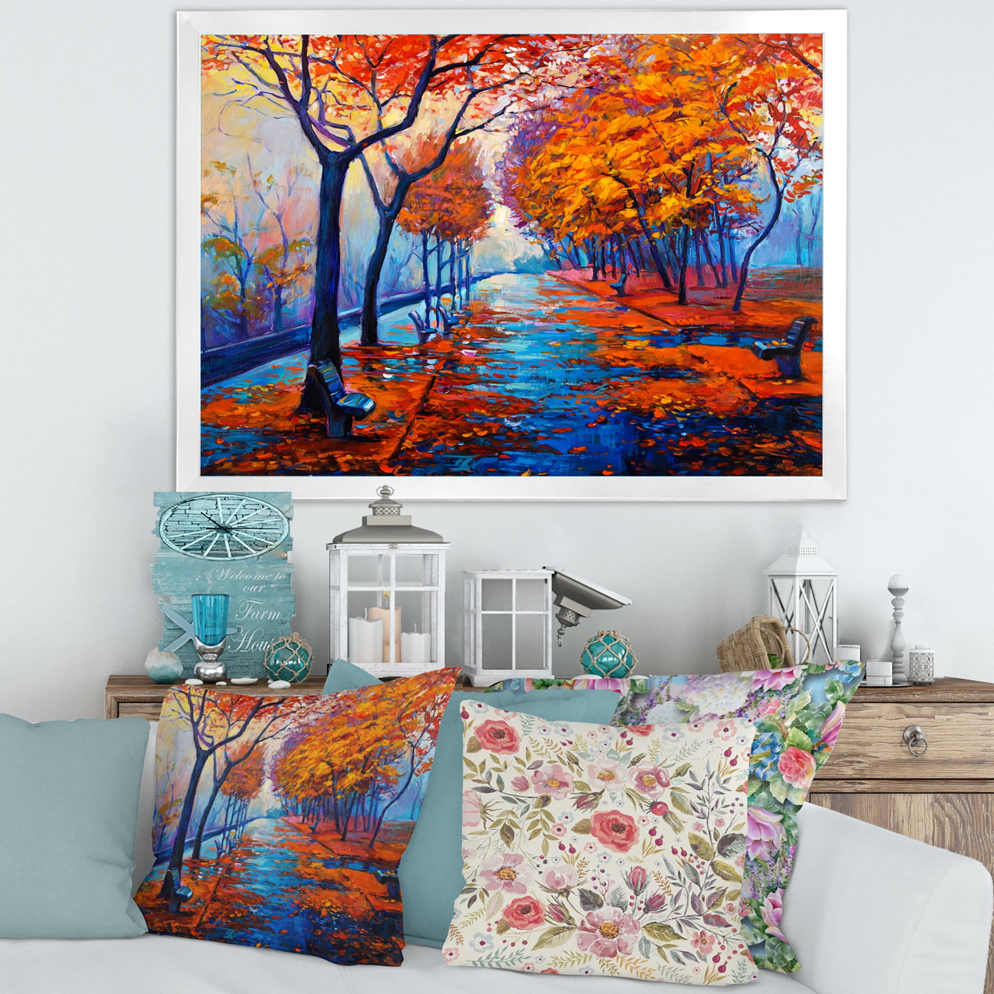 Designart 'Orange Autumn Landscape With Little Road III' Traditional Framed Art Print