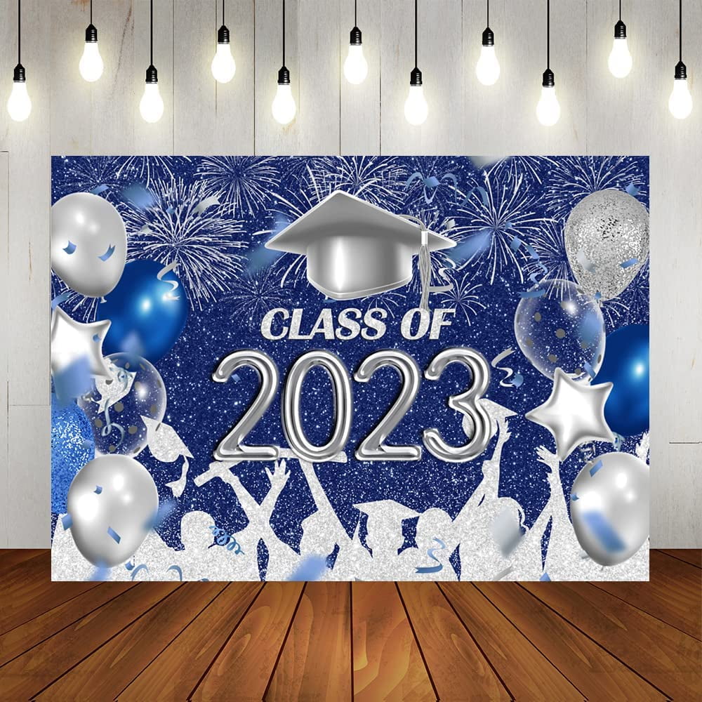Class of 2023 Party Photography Backdrop Royal Blue and Silver Congrats