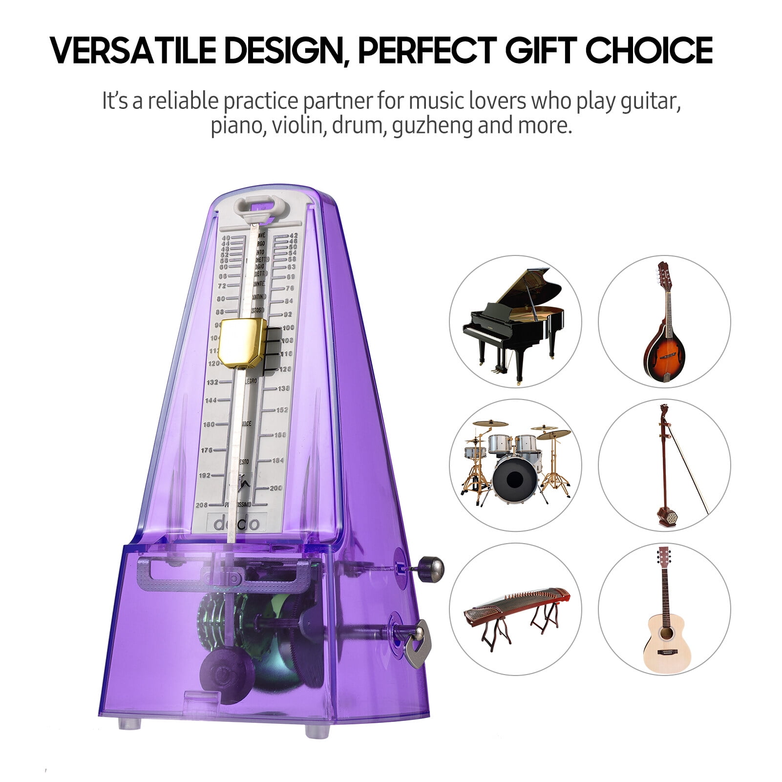 Transparent Mechanical Metronome with Bell Universal Wind up Metronome with Loud Sound Beat Selection Speed Control for Guitar Piano Violin Drum