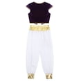 thumbnail image 4 of ZDHoor Kids Boys Arab Prince Costume Persian Role Play Halloween Golden Vest and Harem Pant Suit Purple 14, 4 of 6