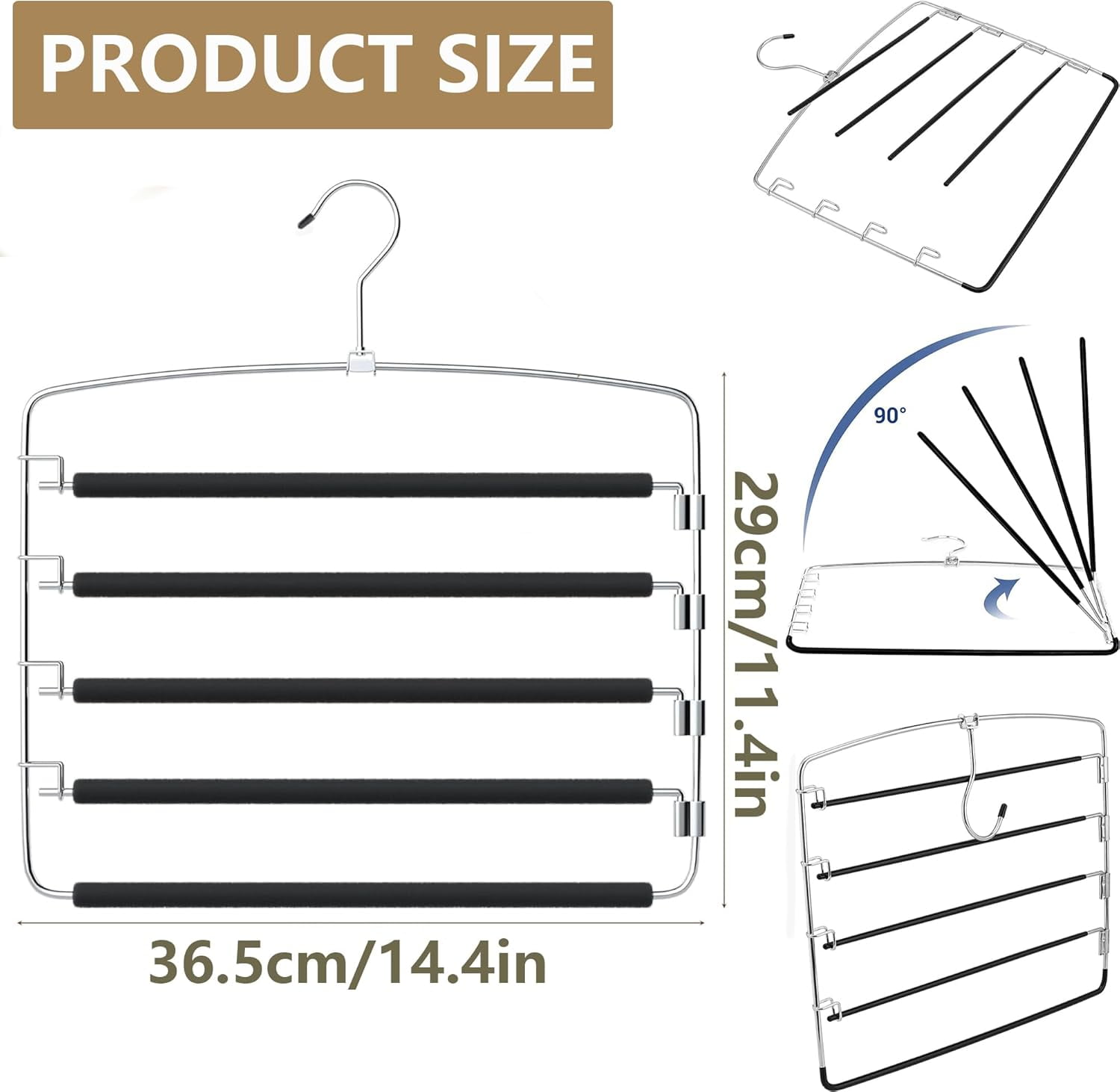 4 Pcs Black Pants Hangers,5 Tier Closet Organizers and Storage Clothes Hangers,Hangers Space Saving with Swing Arm,Multiple Metal Hangers Clothes Organization for Pants Trousers Jeans Slacks