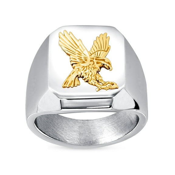 14K Gold Eagle Accent on Stainless Steel Octagon Signet Ring Size 8, Men's Ring Jewelry