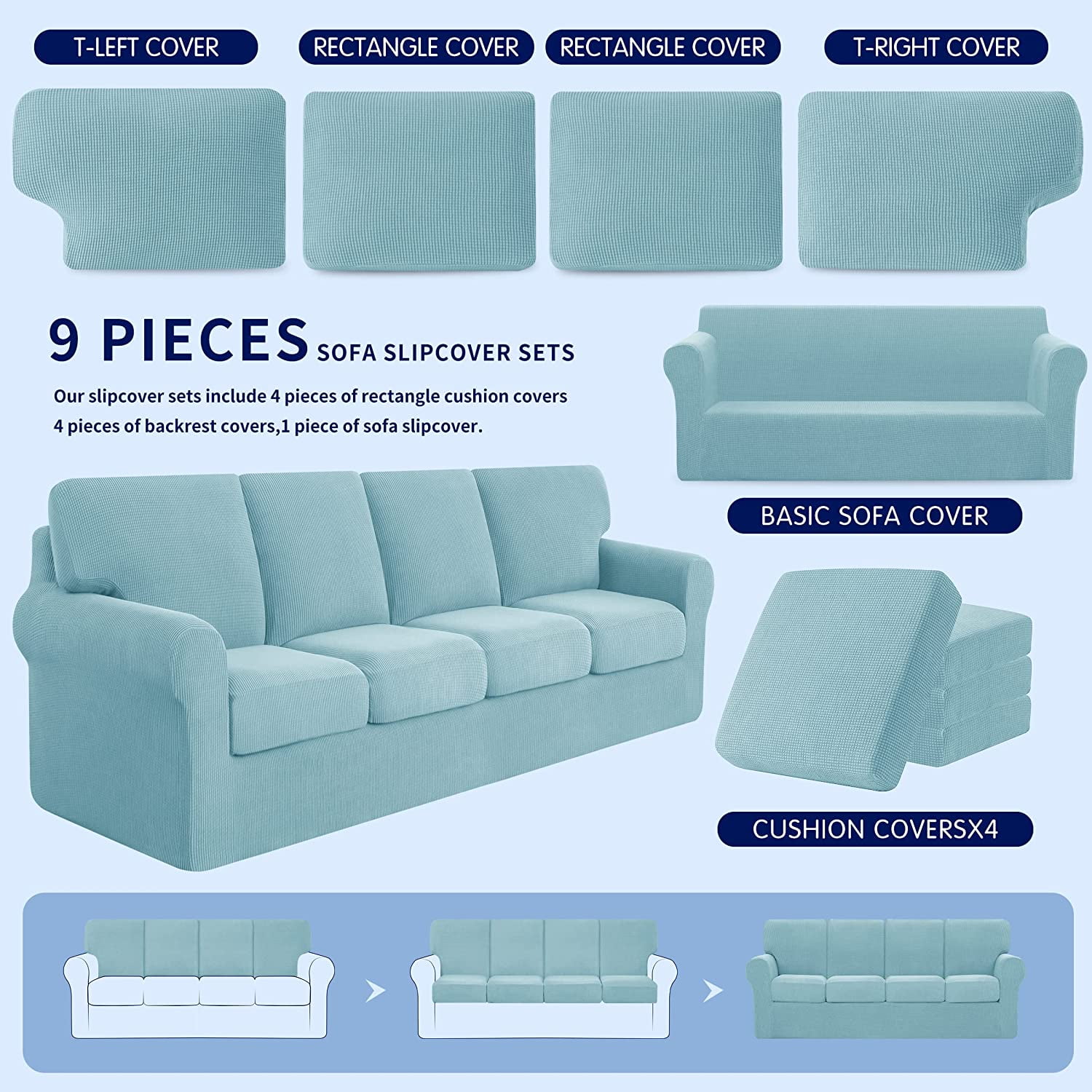 Subrtex Sofa Slipcover Sets 9 Pieces Stretch Couch Cover Backrest Cushion Covers (Oversized Sofa, Steel Blue)