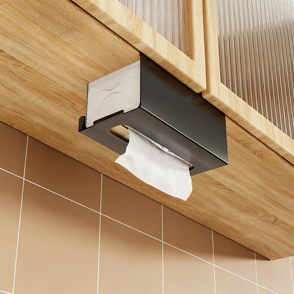 Under Cabinet Tissue Box Holder, Wall Mounted Paper Towel Dispenser for Kitchen or Bathroom, No Drilling Plastic Storage Organizer