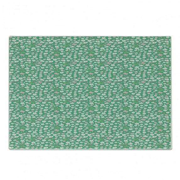 Cherry Blossom Cutting Board, Downward Sloping Cherry Blossom Petals on a Greenery Background, Decorative Tempered Glass Cutting and Serving Board, Small Size, Rose and Sea Green, by Ambesonne