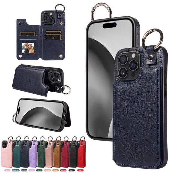 Allytechgroup Wallet Case for iPhone 16 Pro Max, Retro PU Leather Cards Slots Photo Pocket Stand Protective Anti-Scratch Ring Holder Lightweight Phone Cover for Women Men, Navyblue