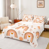 jejeloiu Cute Boho Rainbow Twin Sheet Sets,Cartoon Loves Pattern Twin Fitted Sheet,Orange Beige Flat Sheet For Girls Kids,Ultra Soft Home Decor,3pcs