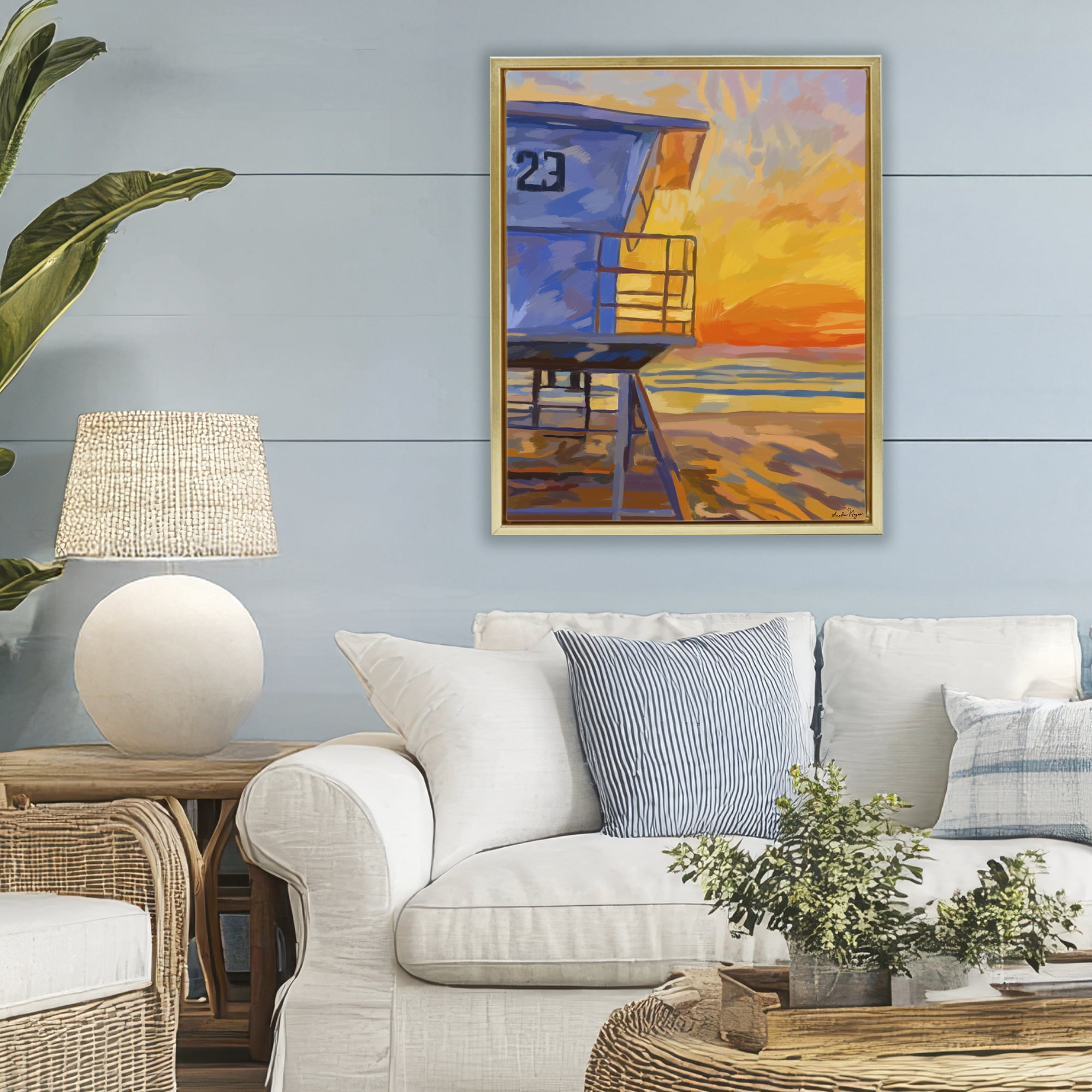 Stupell Industries Lifeguard Stand Sunset Gold Framed Floater Canvas Wall Art, design by Amelia Noyes