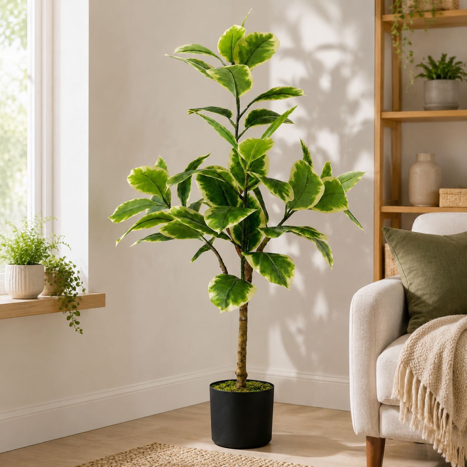 Easy4Home 4FT Artificial Variegated Rubber Plant Faux Ficus Elastica Tineke Tree Potted Indoor Floor Plant - Simple Assembly Needed
