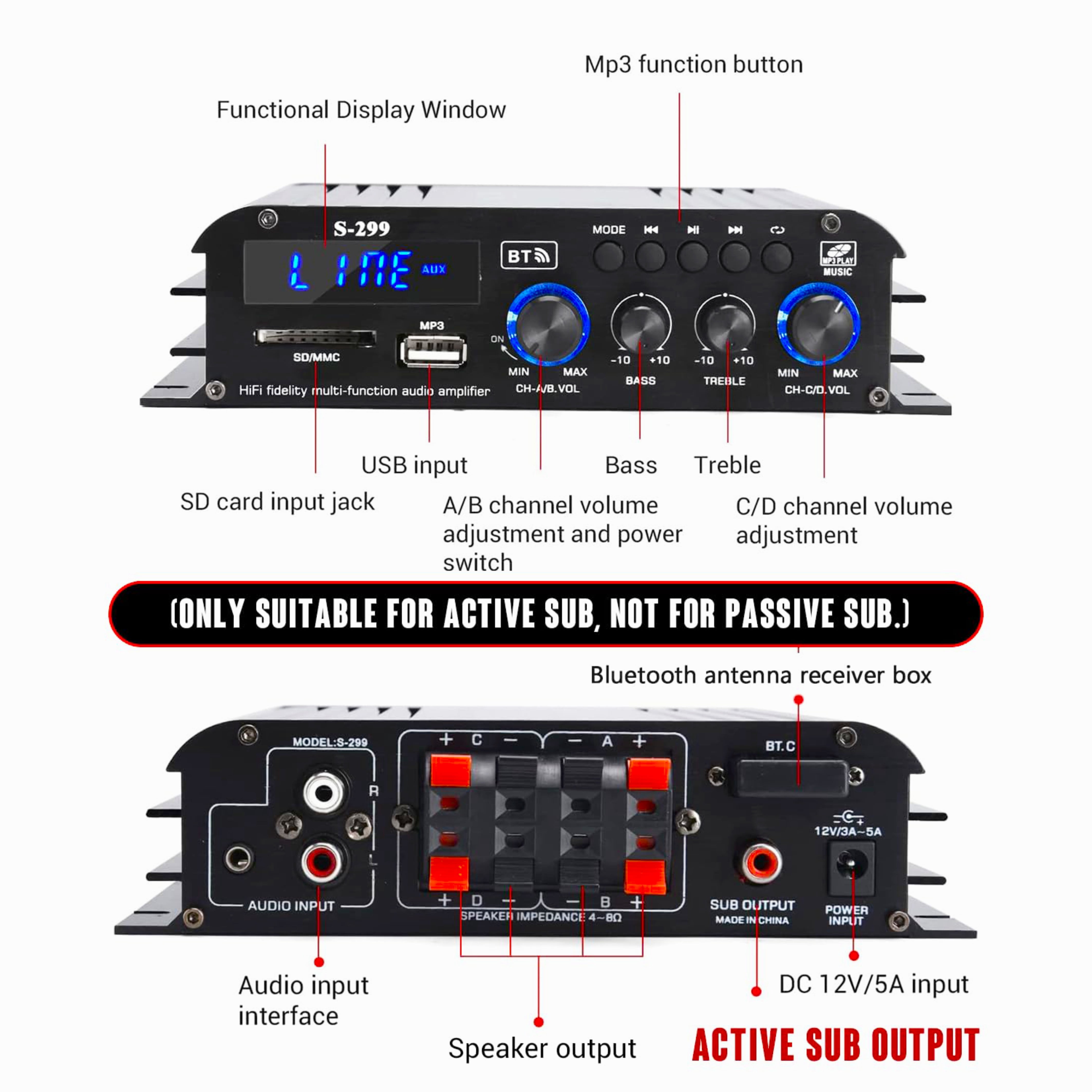 Blitzmax 800W Bluetooth Audio Power Amplifier, 4.1 Channel Support 2 Pairs Speakers 1 Subwoofer, Wireless HiFi Stereo Amplifier for Home & Car