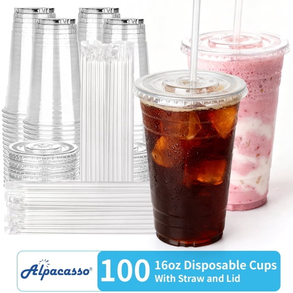 100 Pack - 16 oz Clear Plastic Cups with Lids and Straws ,Sturdy & Food Safe Disposable Cups