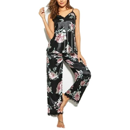 

xkwyshop Women s Silk Satin Pajamas Set 2 Pcs Floral Lace Pj Sets Sleepwear Cami Long Pants Nightwear Set Black M