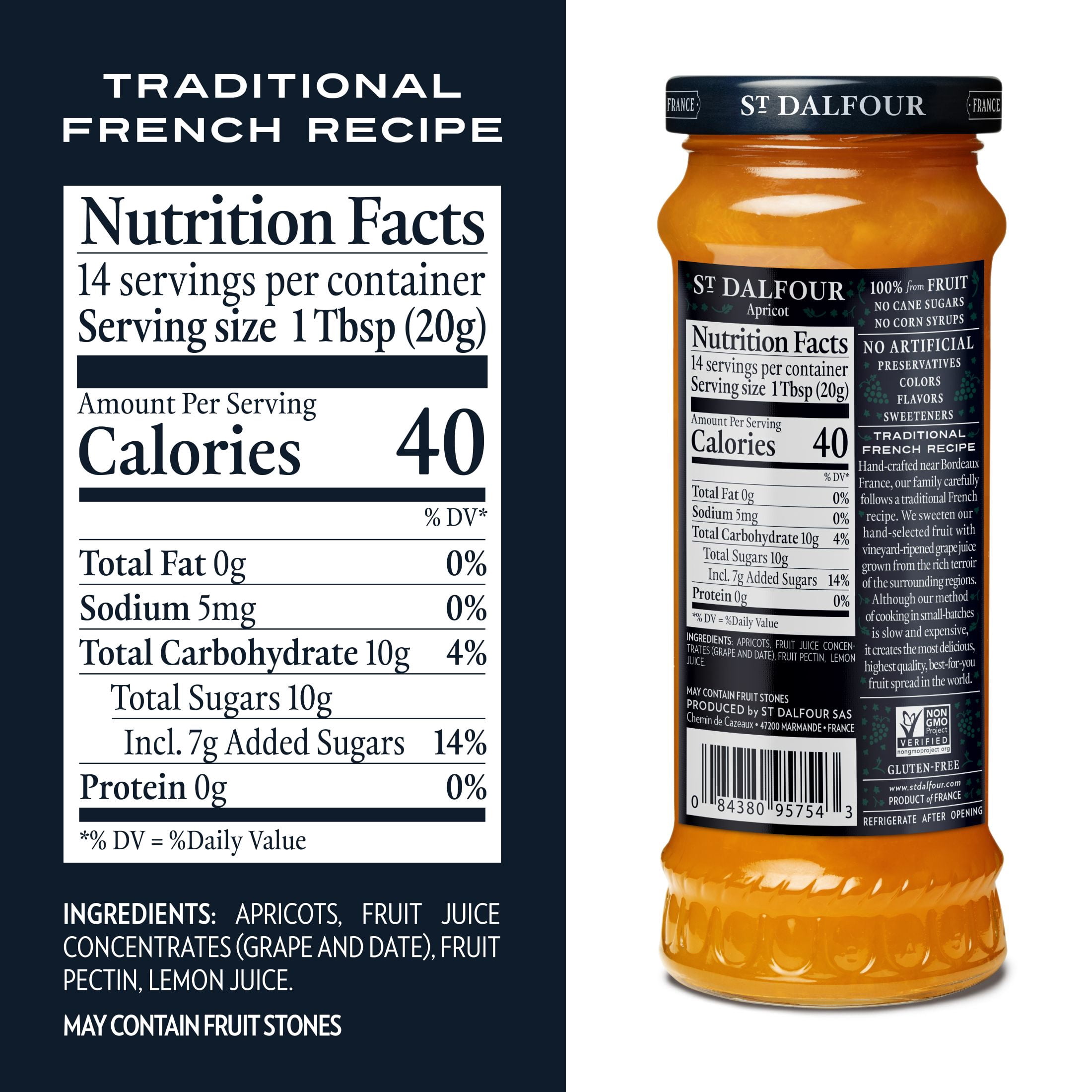 (2 pack) St Dalfour Apricot Fruit Spread, 100% from Fruit, Vegan & Gluten Free, 10 oz Jar