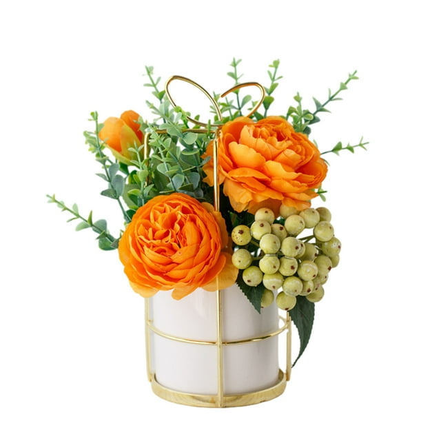 relayinert Simulation Flower Set Low Maintenance Easy To Clean Fake Peony Silk Hydrangea Flower Silk Artificial Flowers With Vase Pinellia orange 1Set