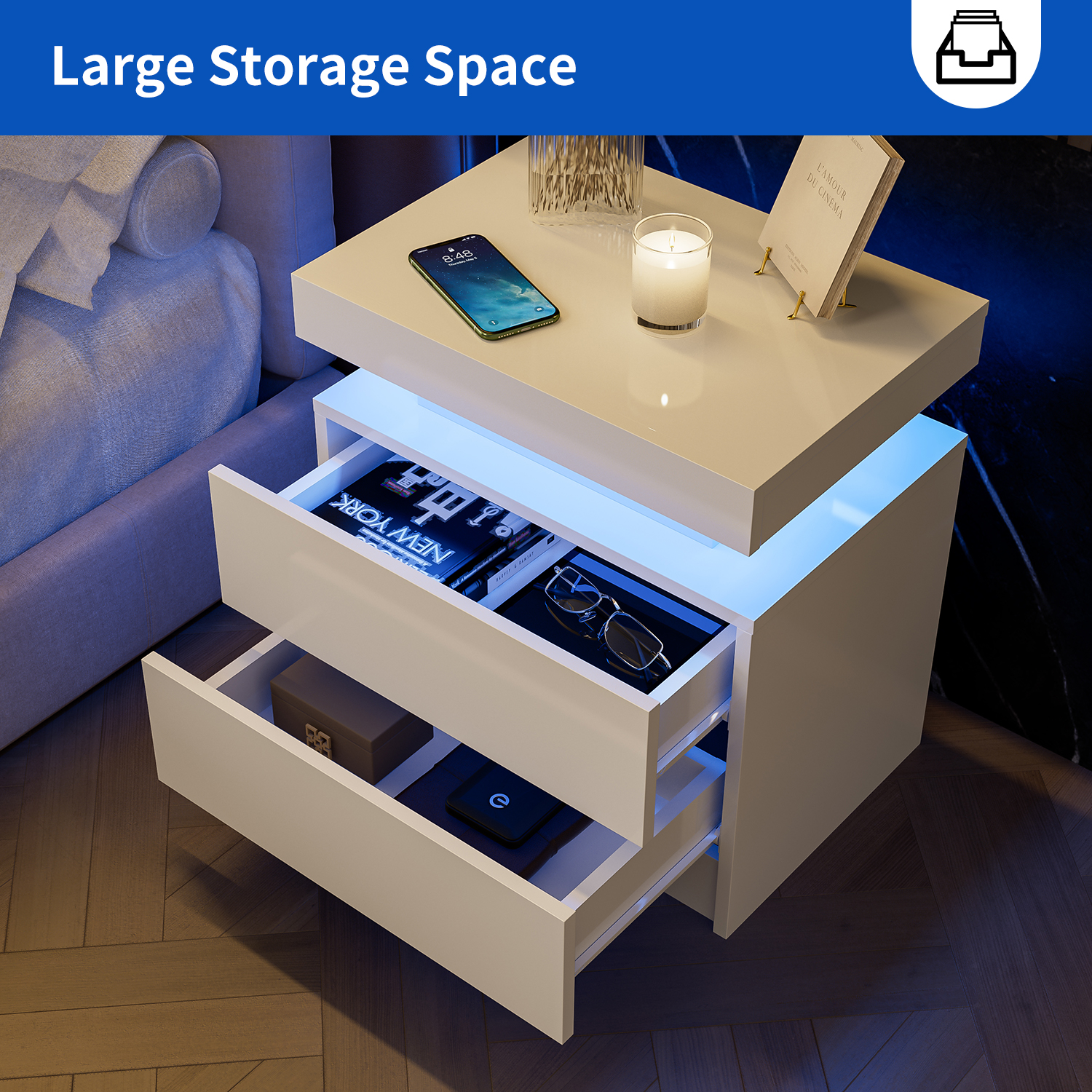 Cubehom LED Nightstand Set of 2 Modern Wood Bedside Table with 2 Drawers Table for Adults Bedroom Room White