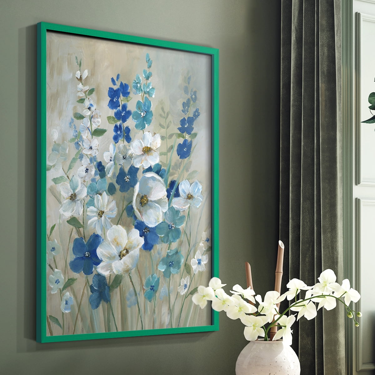 Blue Garden I Framed Print in Green Solid Wood Framed Print No Nail Hanging