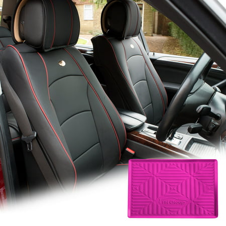 FH Group Black PU Leather Front Bucket Seat Cushion Covers for Auto Car SUV Truck Van with Hot Pink Dash Mat