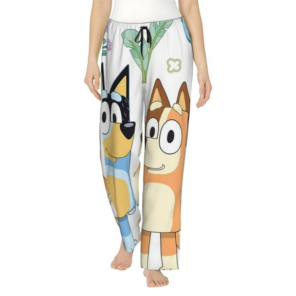 Masiiu Bluey Pattern Women's Pajama Wide Leg Pants for Home, Sleep, High Waisted Flowy Pants With Pockets-Small