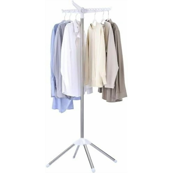 Foldable Tripod Clothes Drying Rack, 59 Inch Stainless Steel Laundry Drying Rack with Rotating Rail, Space Saving Indoor Outdoor Garment Rack, White   Silver,1-Tier