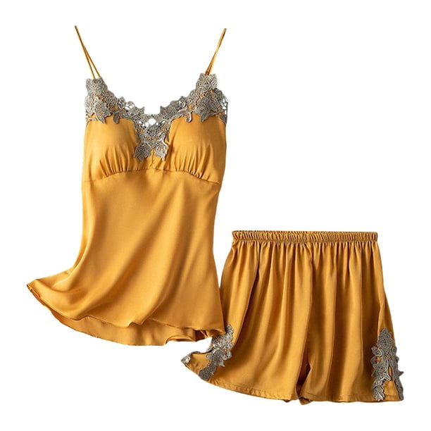 Gibobby Conjunto de pijama con correa para el pecho para mujer, ropa de ocio de verano para el , Color sólido, con encaje (Amarillo, L)