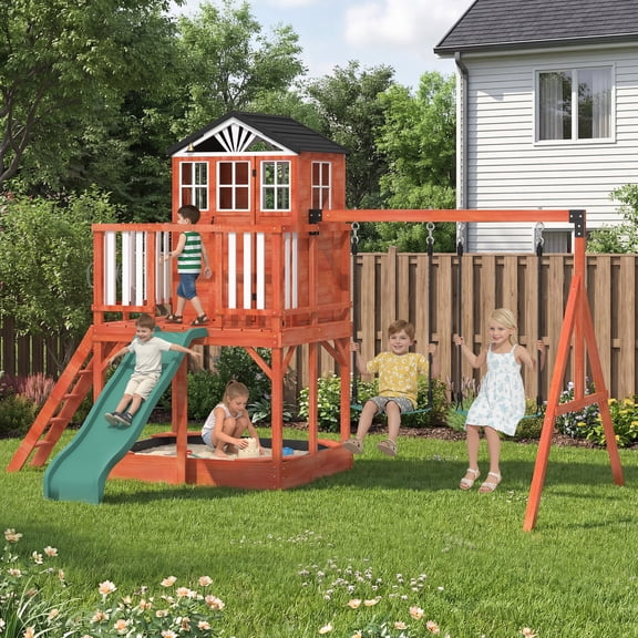 BUPPLEE Wooden Swing Set with Elevated Playhouse, Wave Slide, 2 Belt Swings and Sandbox