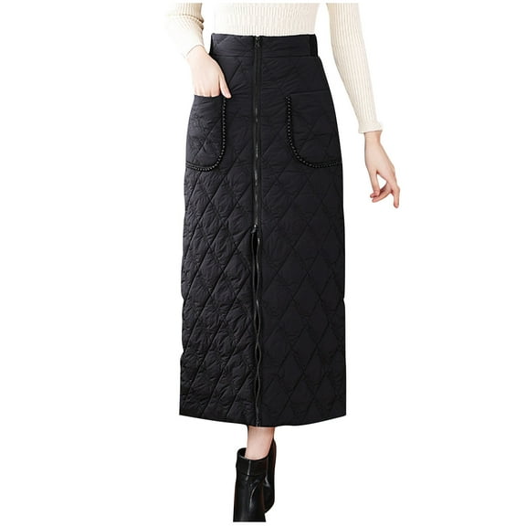 Efsteb Womens Summer Skirts Winter Thick Down Cotton Skirt Mid Length Skirt Solid Color Casual Fashion Comfy Spring Fall Skirts (Black,L(XXL))