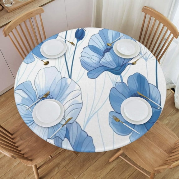 Blue Flowers Round Fitted Tablecloth with Elastic Fitted Table Covers for Round Tables 40"-48" ,24jl04caA93