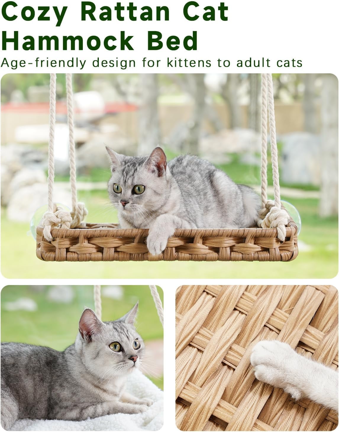 Cat Window Perch 2 Pack,Cat Window Hammock Bed for Indoor Cats,Large Handwoven PE Rattan Window Seat,4 Suction Cups,Double Sided Washable Cushion Bed, Pet Kittens Natural