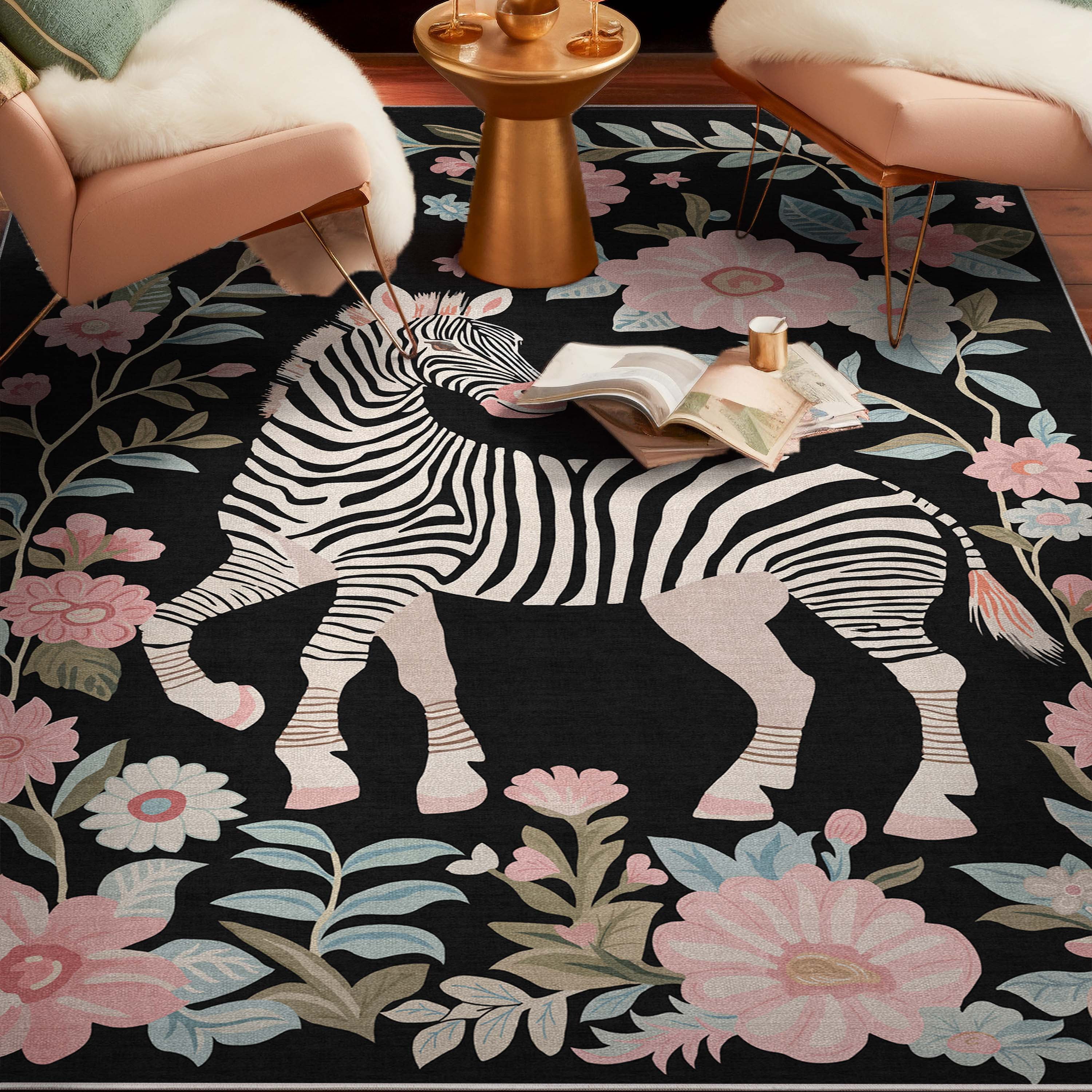 Well Woven Zebra Floral 5'3" x 7'3" Rug – Black, Stain-Resistant & Easy to Clean