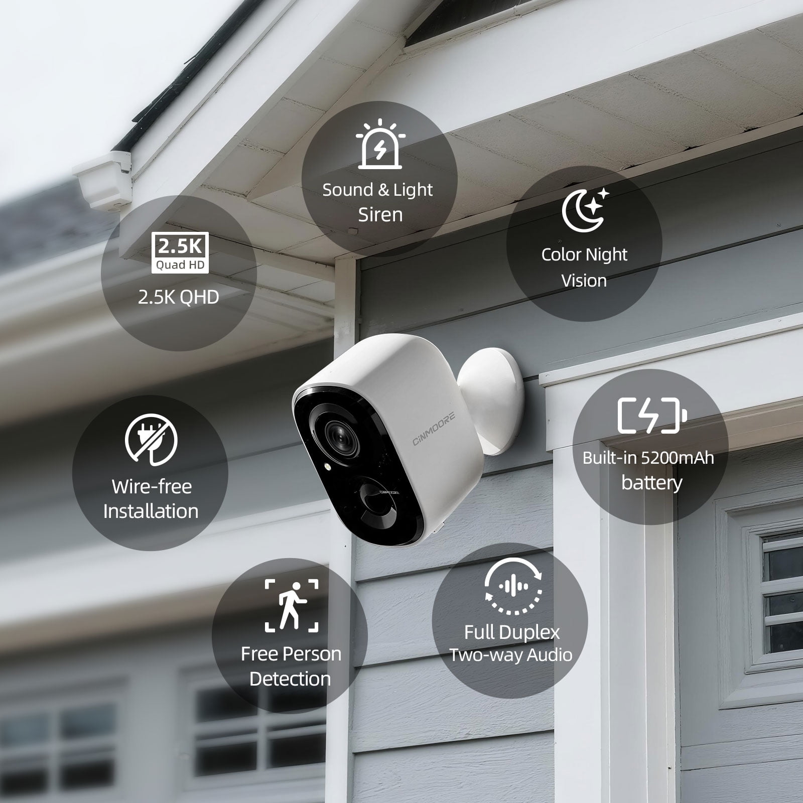 CINMOORE 2.5K Wireless Home Security Cameras Outdoor WiFi, Non-Subscription AI Motion/Person Detection, 4MP Crystal Night Vision, Full Duplex 2-Way Audio, IP66 Waterproof Battery Powered, 4-Pack