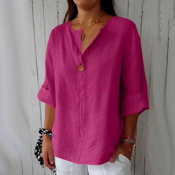 Pink Tshirts for Women Linen Shirt for Women Summer Cotton and Linen V Neck 3/4 Sleeve Top Loose Holiday Beach Shirt Tunic Top Womens Shirts