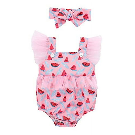 Styles I Love Infant Baby Girls Watermelon Print Tulle Ruffled Romper Sunsuit with Headband 2pcs Set Summer Spring Outfit (90/6-9 Months) Pink
