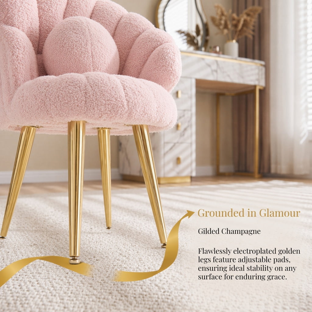 Ktaxon Vanity Makeup Chair with Teddy Velvet, Shell Design Accent Desk Chair with Lumbar Pillow and Gold Legs, Office Seating for Women Pink
