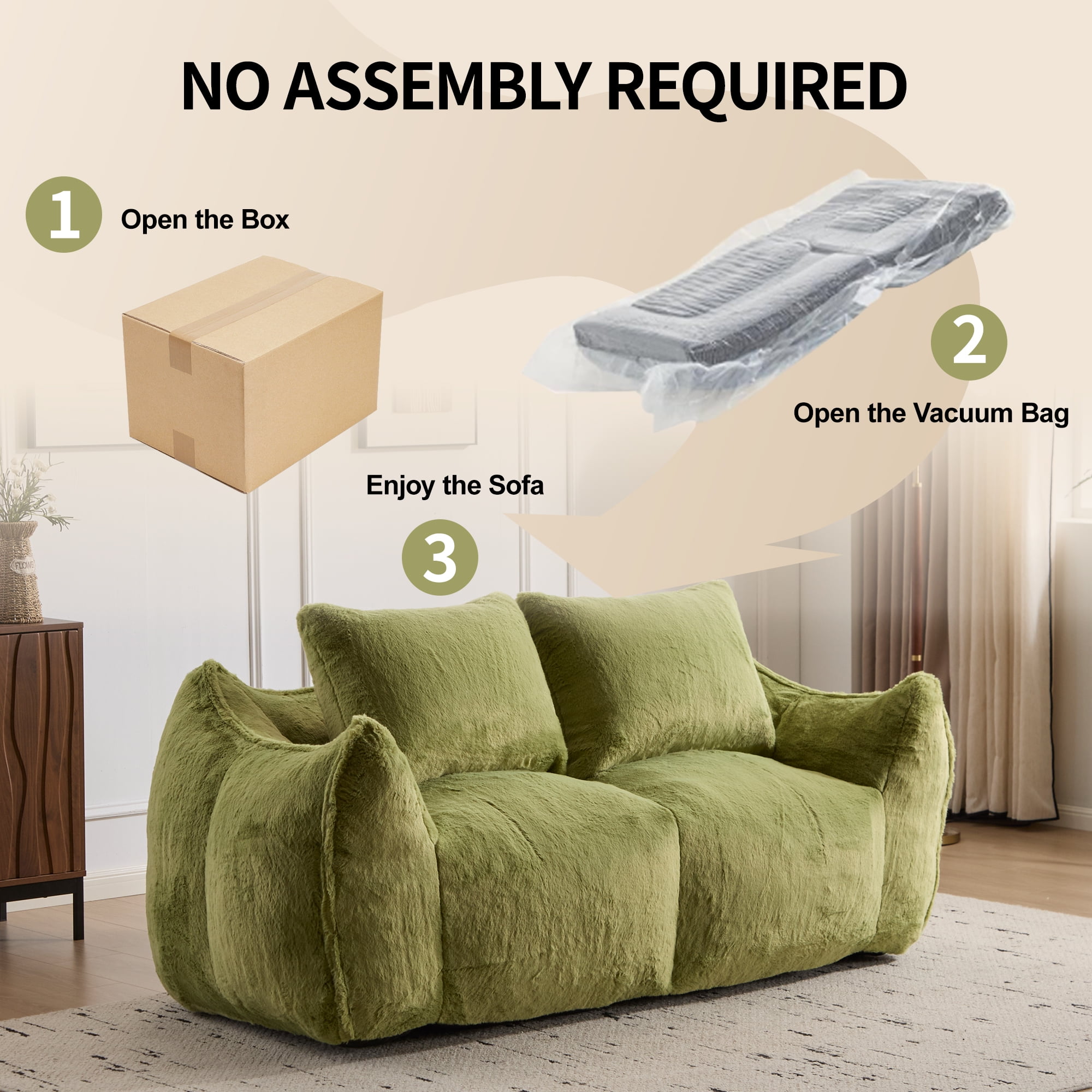 FFH Bean Bag Chair for Adults, 75" Oversized Loveseat Bean Bag Sofa with 2 Pillows, Lazy Sofa Reading Chaise Lounge Couch for Living Room, Bedroom, Green