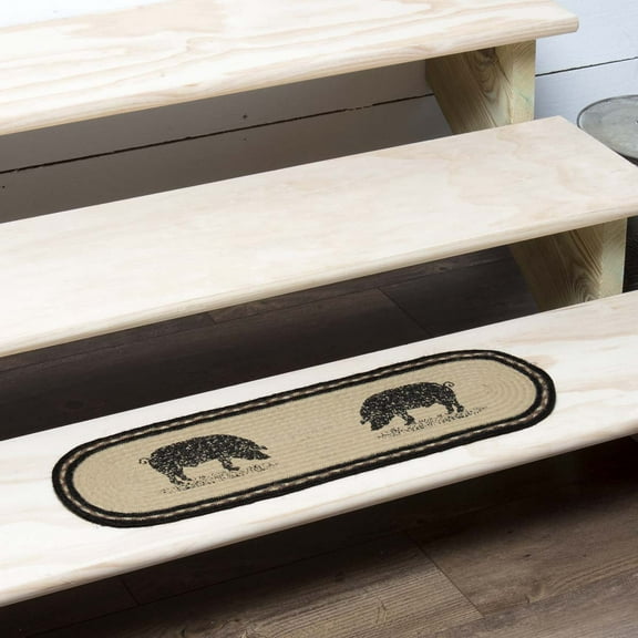 VHC Brands Farmhouse Flooring Miller Farm Charcoal Pig Jute Latex Backing Stenciled Nature Print Oval Stair Tread, Bleached White