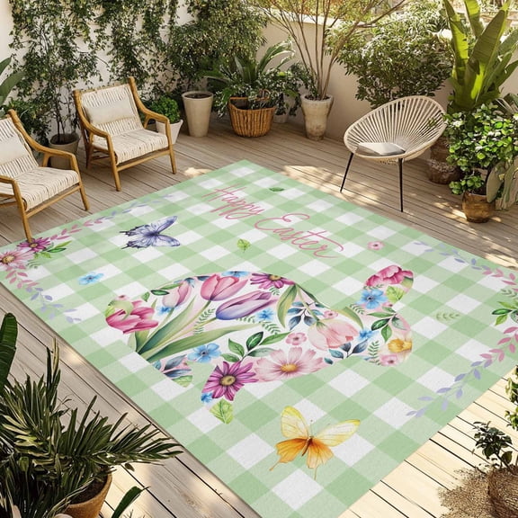 Easter Bunny Outdoor Rug for Patio/Deck/Porch, Non-Slip Large Area Rug 5 x 7 Ft, Spring Flower Daisy Tulips Green Checkered Indoor Outdoor Rugs Washable Area Rugs, Camping Rug Carpet Runner