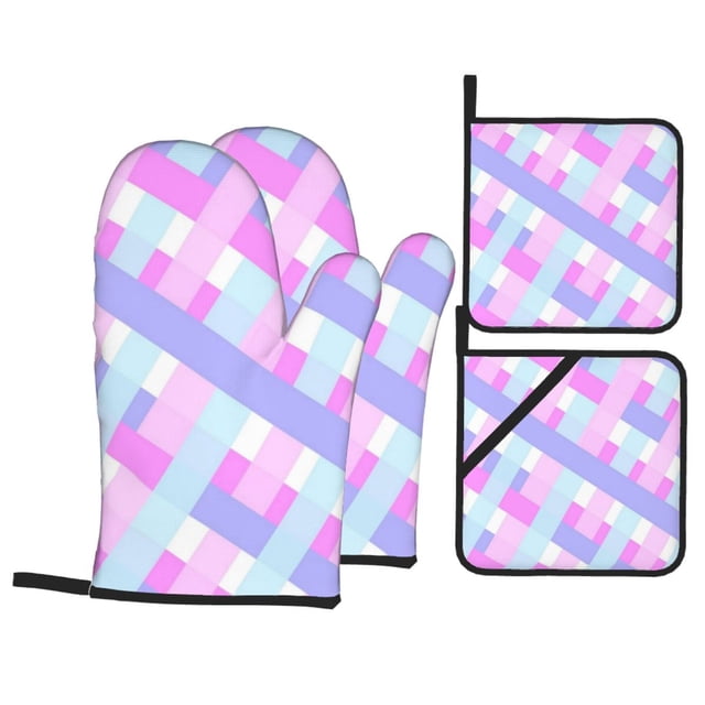YFYANG Kits Mitaines et Porte-Pots 4 Pièces, Résistant à la Chaleur et Antidérapant Colourful Checked Stripes Kitchen Gant Pot Mat pour la Cuisson et la Cuisson