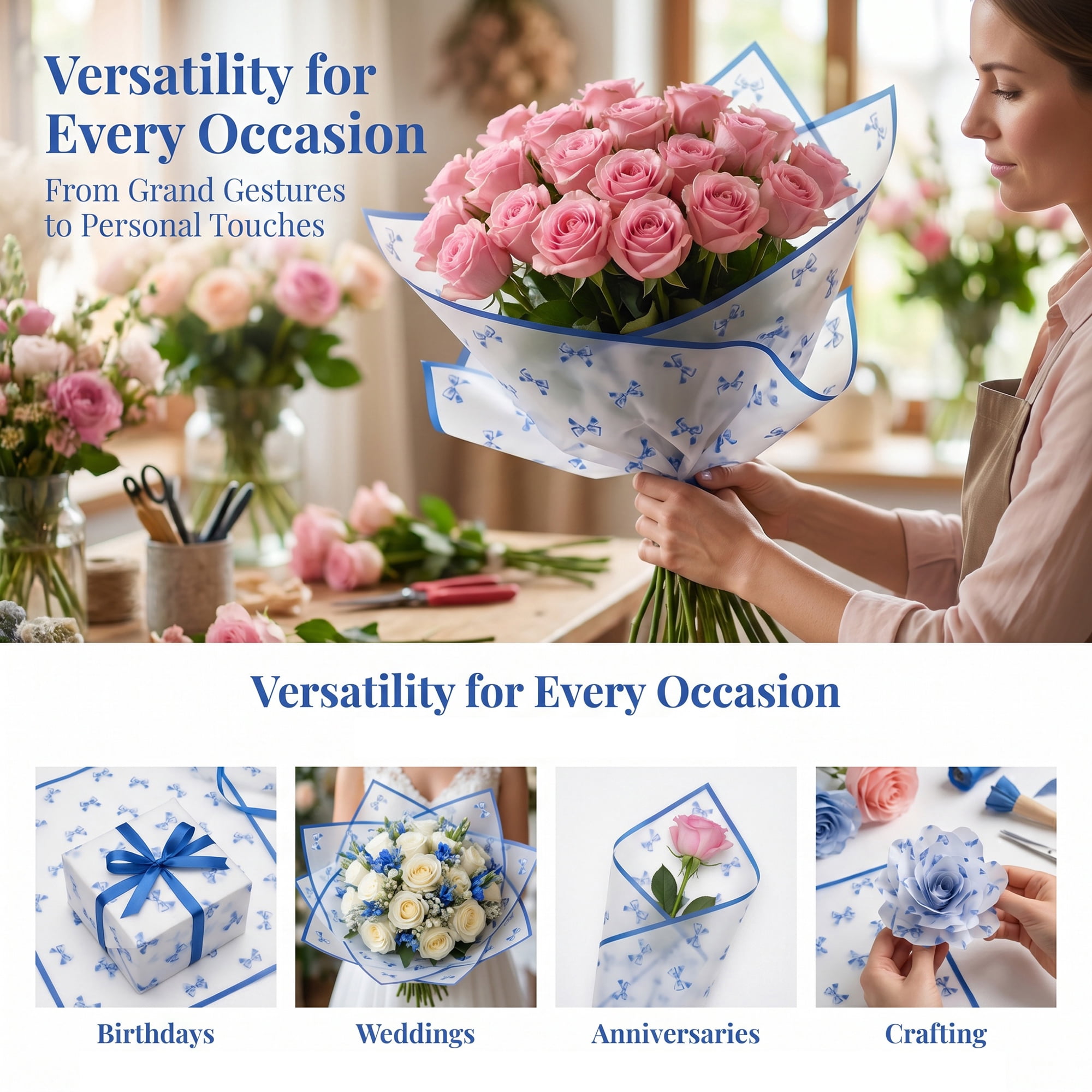 Unique Bargains Waterproof Luxury Matte Gift Wrapping Paper for Bouquets Blue 21.3"x 21.3"
