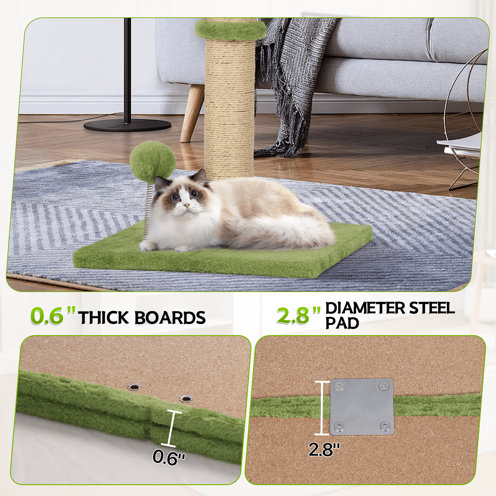 Dkelincs Cat Scratching Post with Sisal & Spring Ball Toy 22" Tall Cat Scratcher for Indoor Cats/Kittens Natural Sisal Scratch Post Trees for Living Room Bedroom, Green