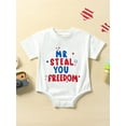 thumbnail image 2 of Baby 4th of July Outfit Boy Girl Short Sleeve Letter Print Crewneck Romper Ruffle Patriotic Day Bodysuit, 2 of 9