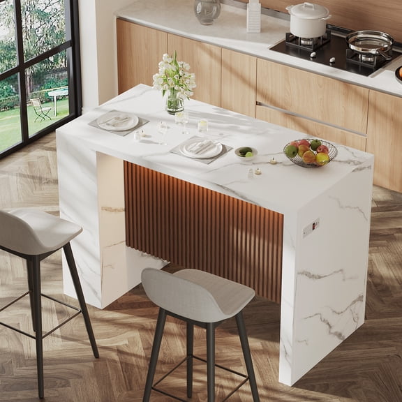 WARAYZ Modern Kitchen Island, Faux Marble Top, RGB Lights, Charging Station, Drawer & Shelf Storage, 51"x23.6"