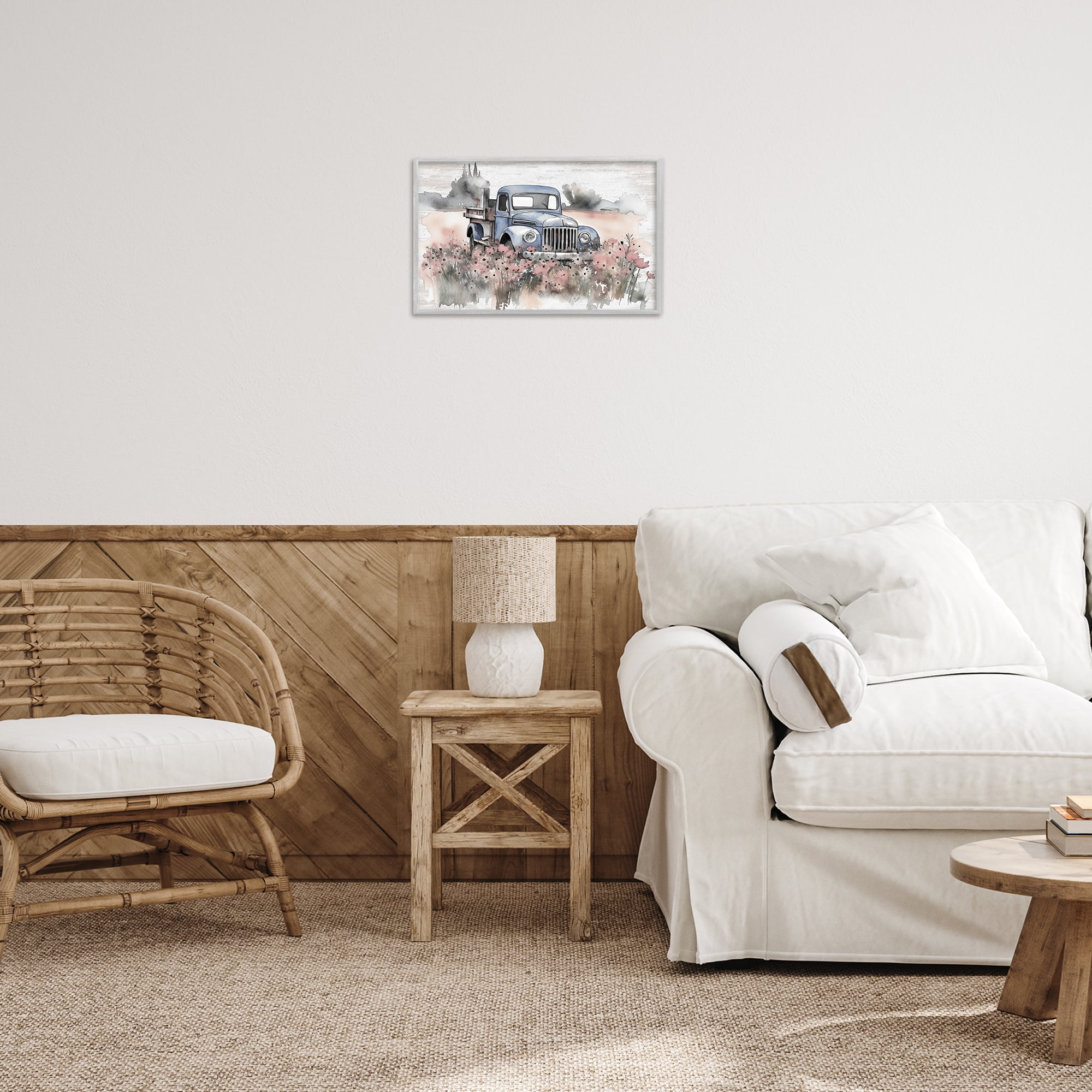 Stupell Industries Pickup in Floral Meadow Transportation Painting Gray Framed Art Print Wall Art, 18 x 12