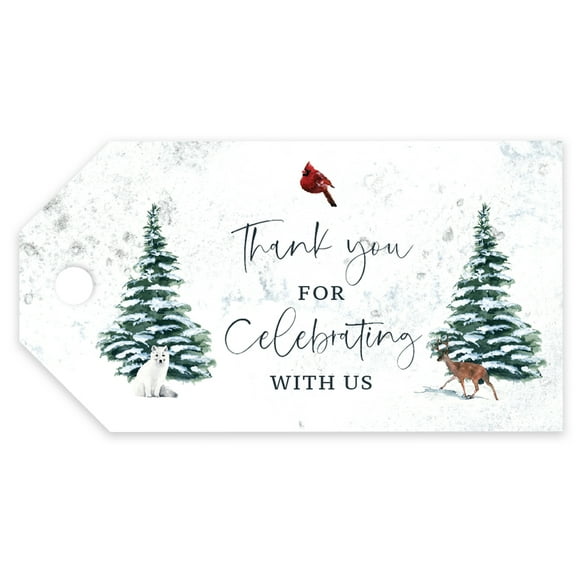 Koyal Wholesale Winter Woodland Watercolor Baby Shower, Classic Tags, Thank You for Celebrating With Us, 20-Pack