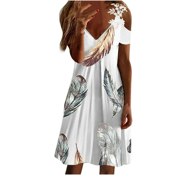 USSUMA Summer Dresses For Women 2022 Beach, Women Lace Cold Shoulder Dress Summer Trendy Short Sleeve Feather Print Dresses V Neck Midi Knee Length Sundress